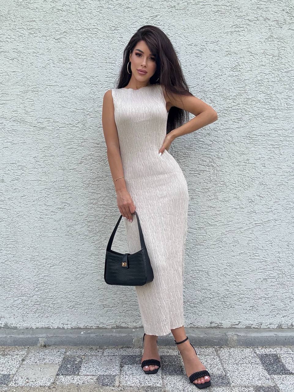 Sleeveless Beige Textured Midi Dress with Side Slit for Women