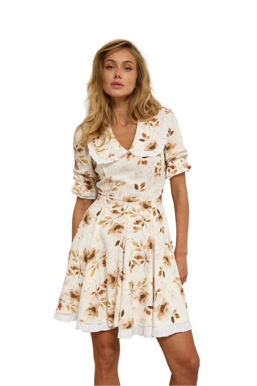 Floral Linen Dress with Peter Pan Collar and Ruffled Hem