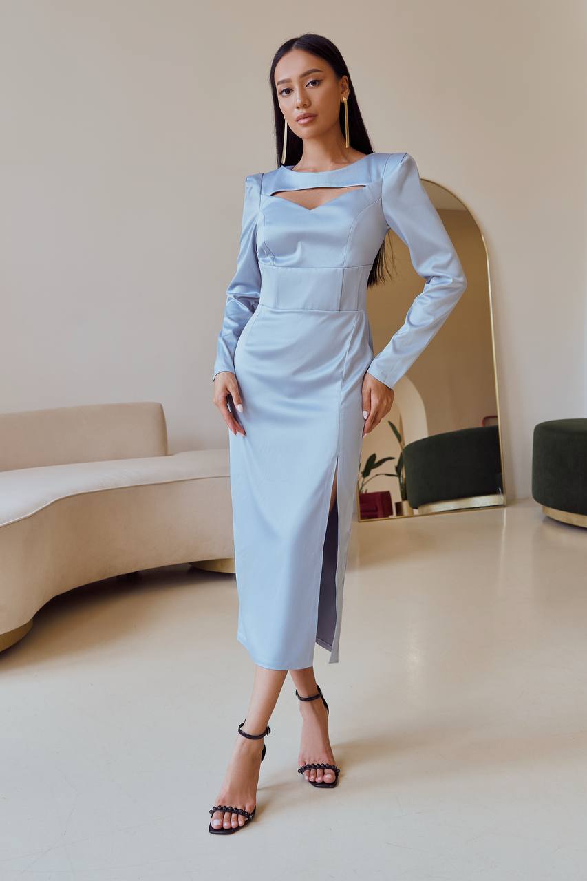 Elegant Women Midi Dress Dense Mango Satin High Slit