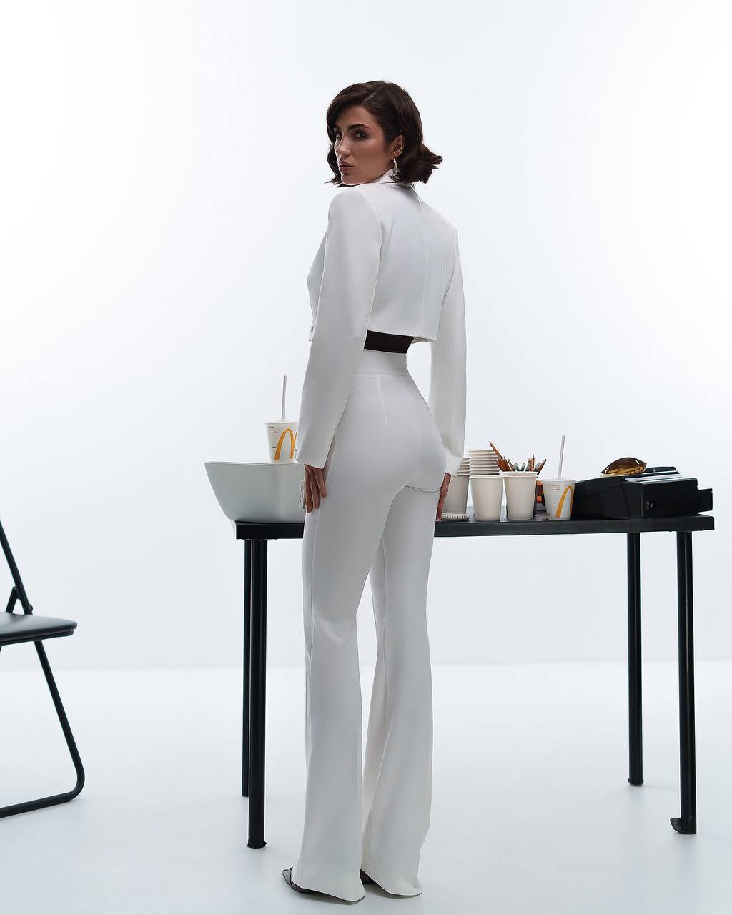 Premium Diagonal Crepe Women's Suit Blazer with Lining and Trousers in White