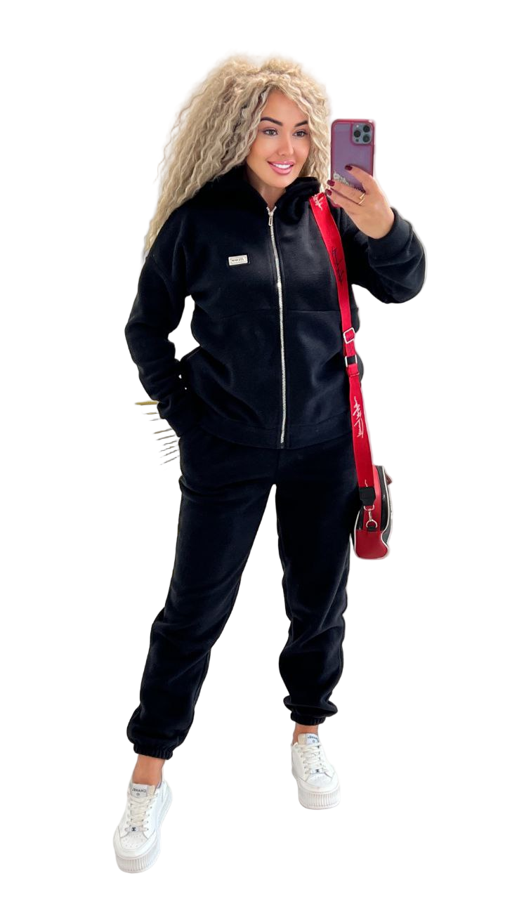 Womens Black Polar Fleece Tracksuit Hoodie and Joggers Zip Up Set