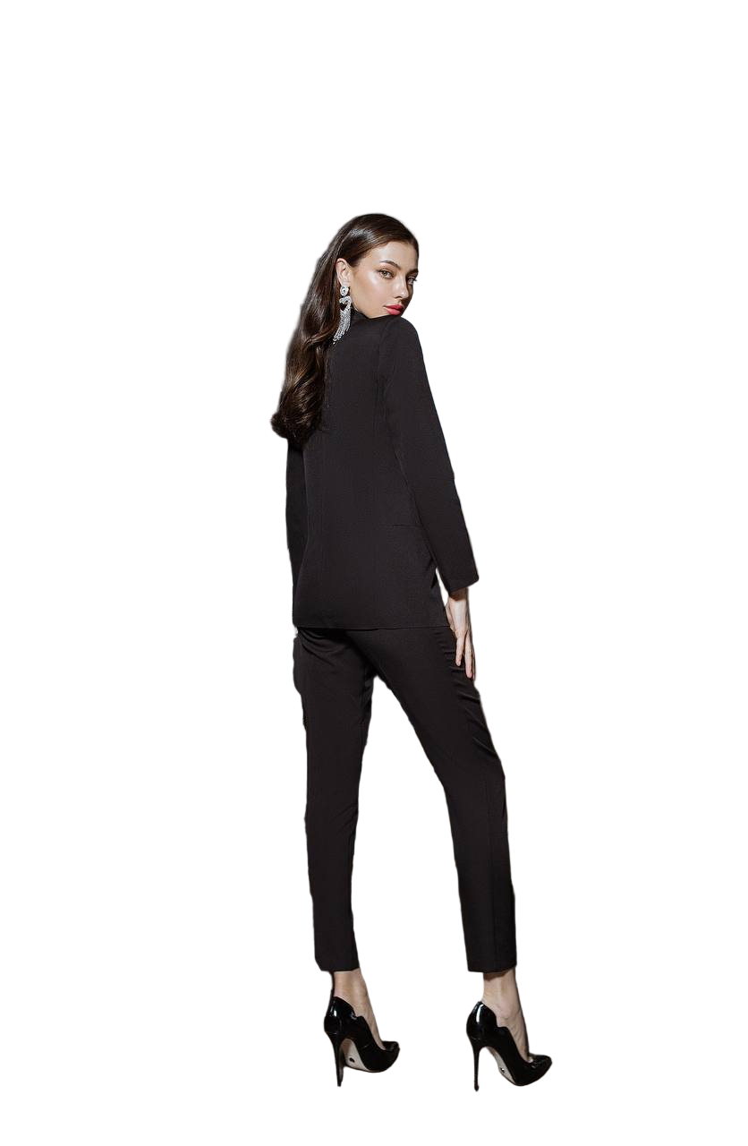 Woman wearing a black suit on a white background