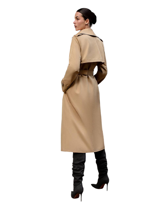 Woman wearing a beige trench coat on a white background
