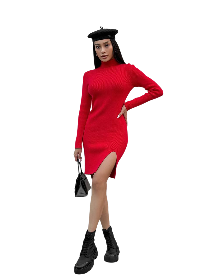 Woman wearing a red dress with a slit, black beret, and black boots on a white background