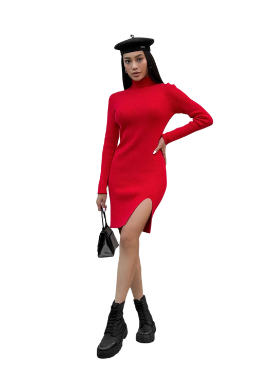 Woman wearing a red dress with a slit, black beret, and black boots on a white background