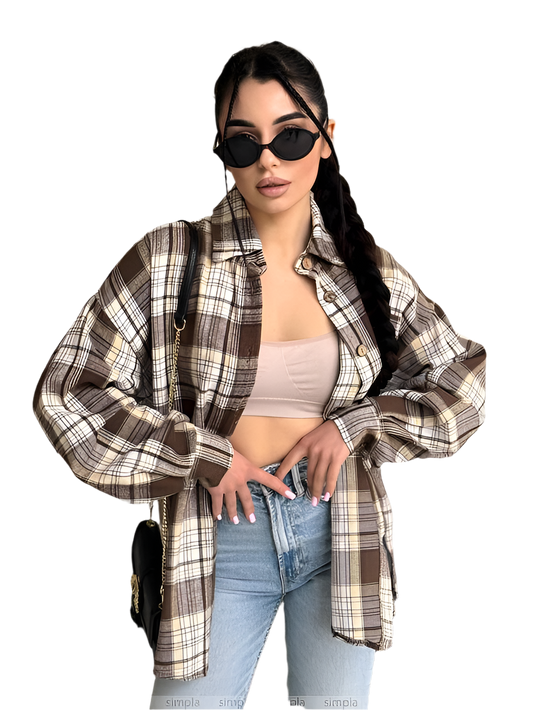 Woman wearing a plaid shirt, sunglasses, and jeans on a white background