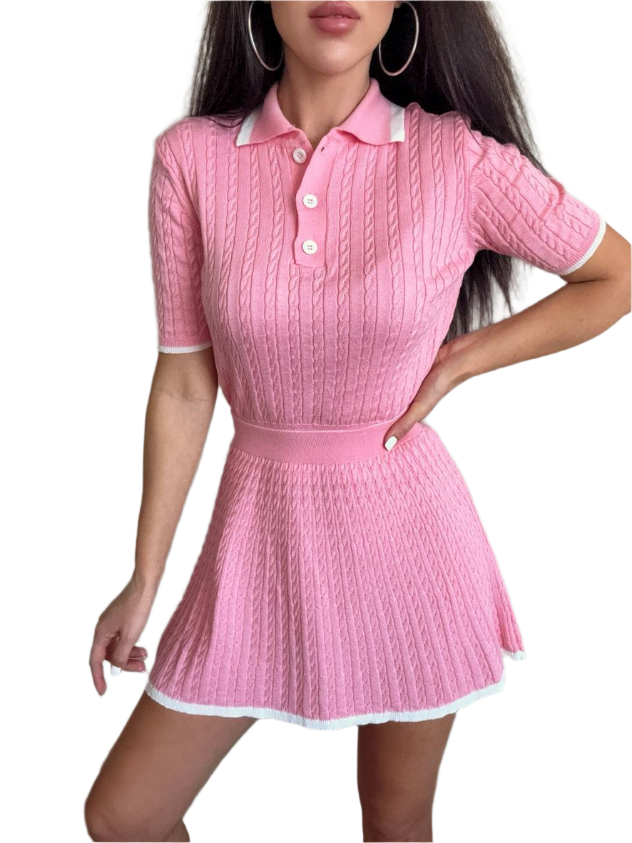 Pink Women Cable Knit Adelin Suit with Polo Top and Pleated Skirt