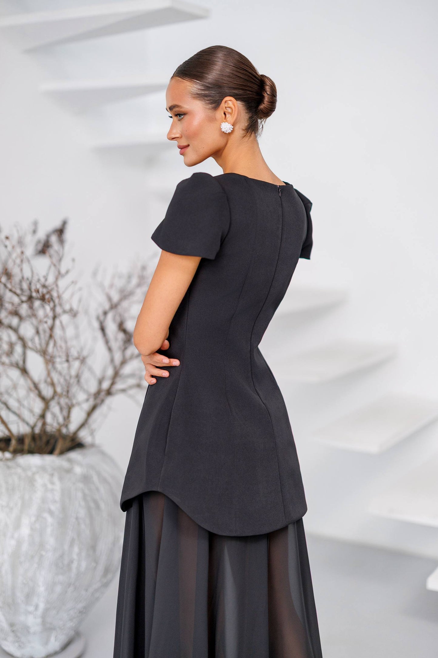 Black Peplum Evening Dress with Chiffon Skirt Diagonal Crepe Peplum Gown