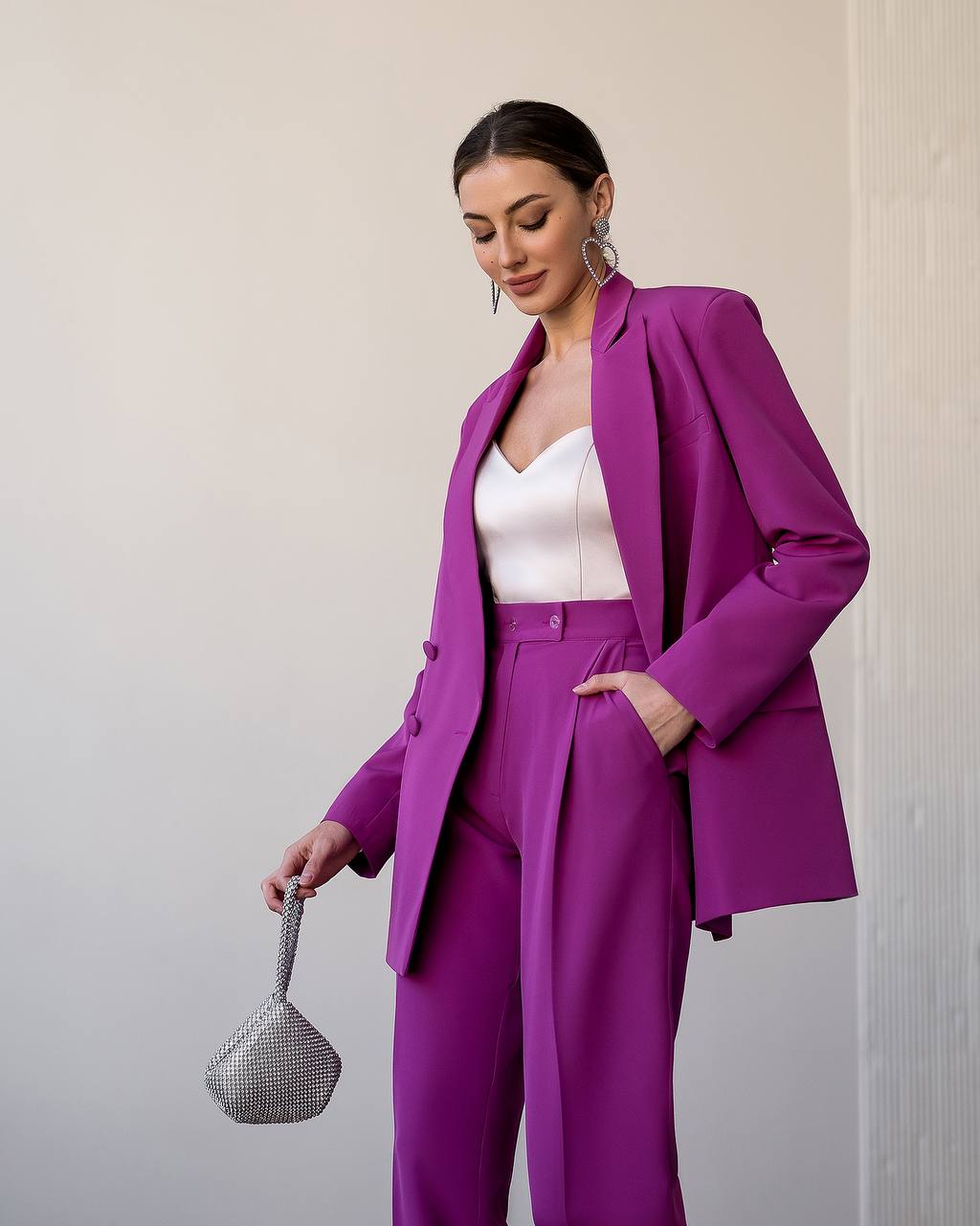 Luxury Diagonal Crepe Women's Suit in Violet with Tailored Jacket and Pants