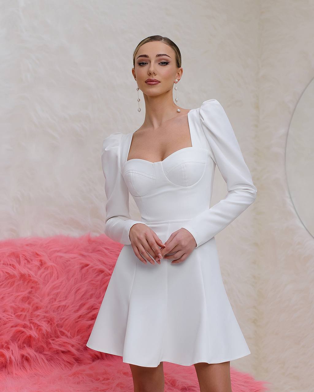 White Premium Diagonal Suiting Crepe Dress with Puff Sleeves
