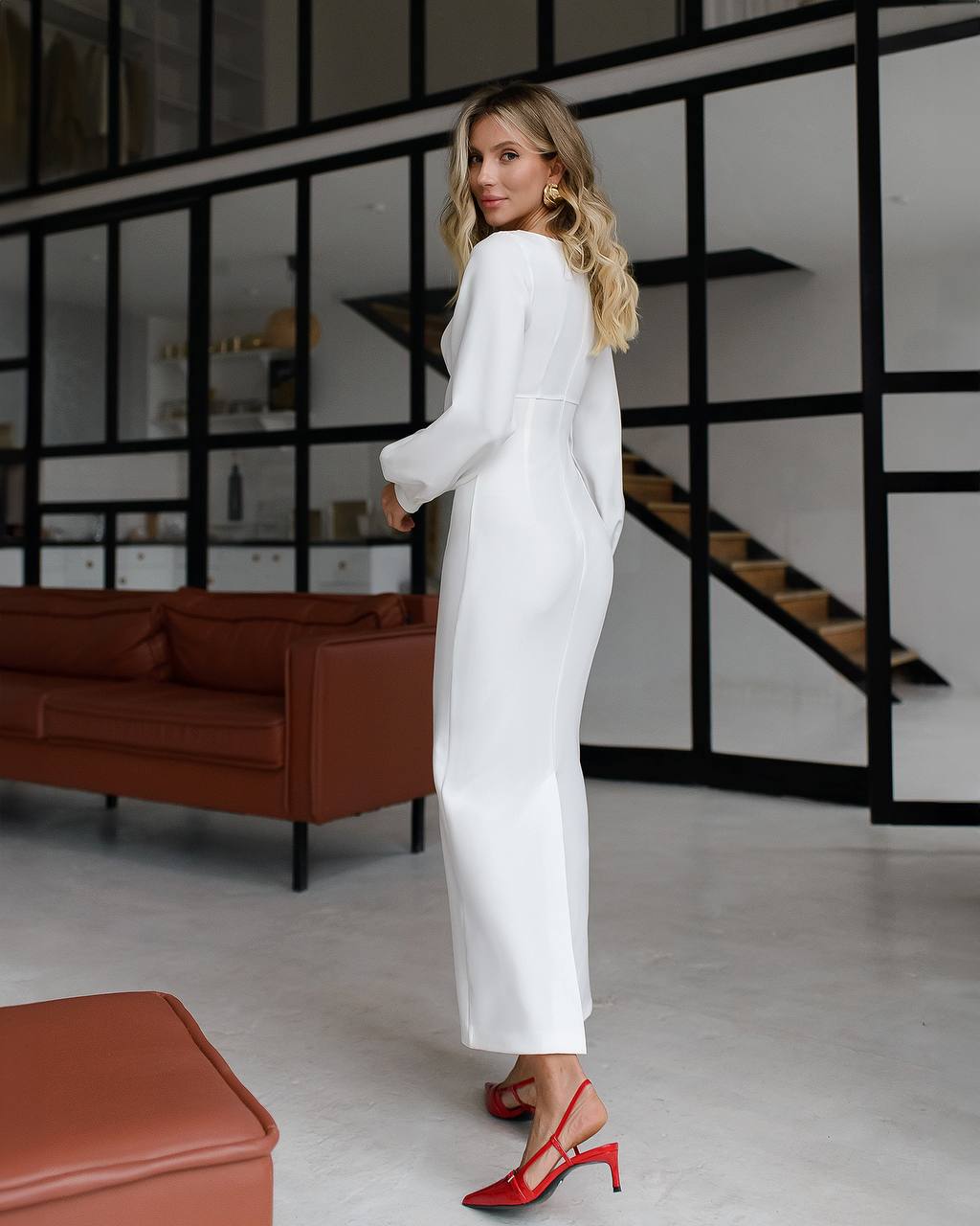 Elegant White Midi Dress for Women in Premium Suiting Crepe Fabric