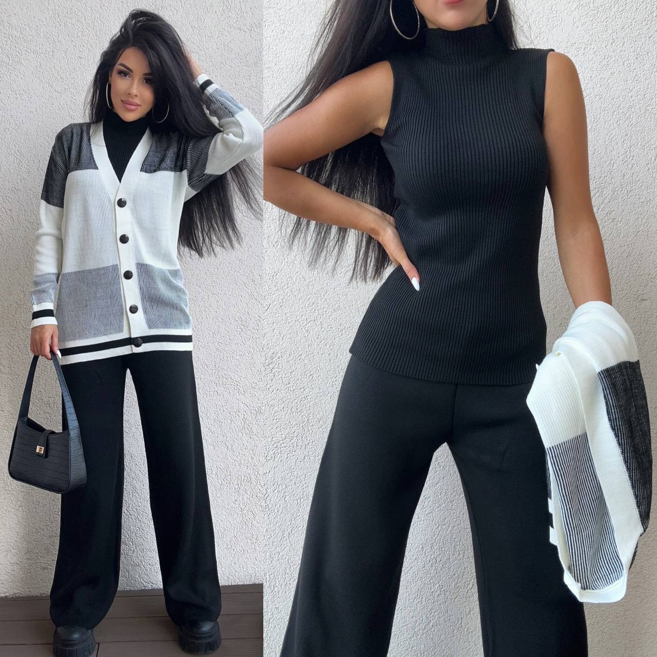 Two outfits worn by a person against a neutral background