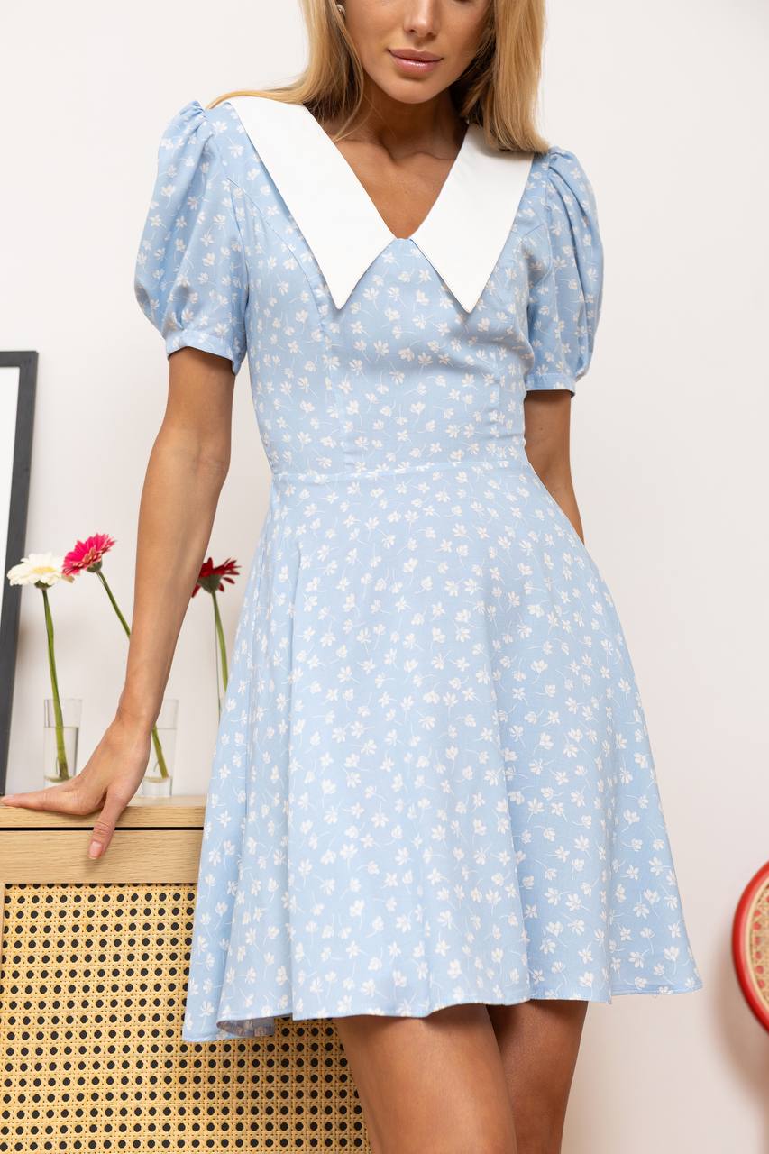 Woman wearing a light blue dress with white polka dots and a white collar.