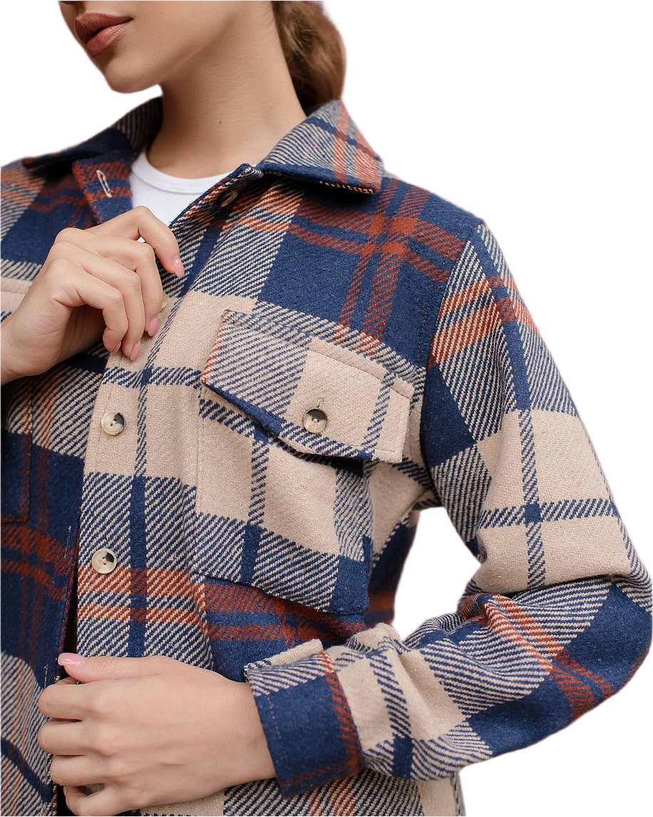 Plaid jacket with a focus on the collar and pocket area.