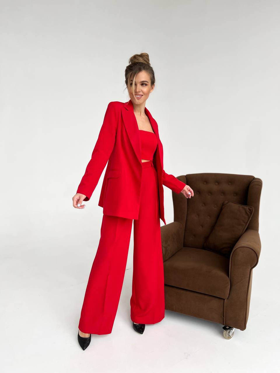Red Diagonal Crepe Palazzo Suit Women Tailored Blazer Wide Leg Pants