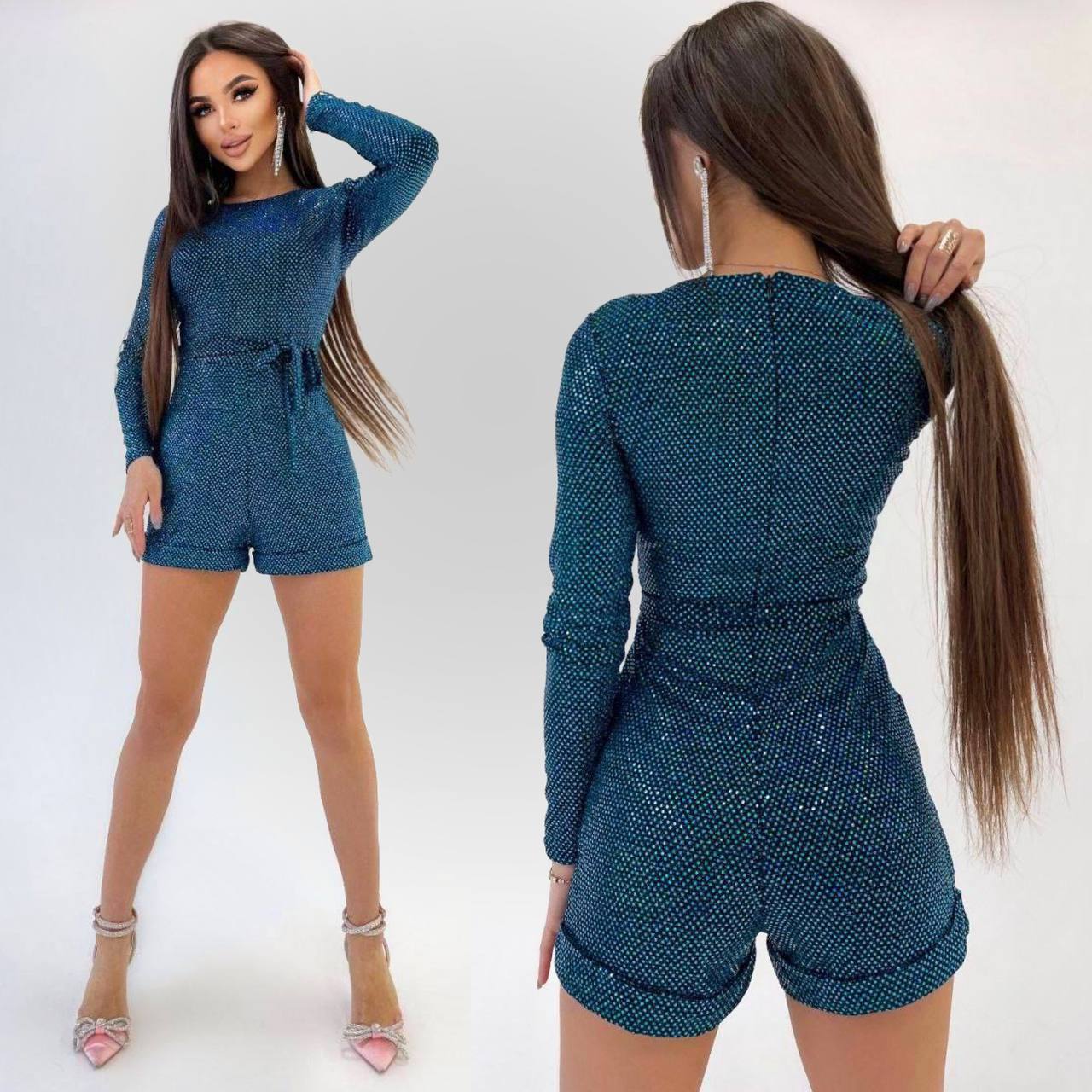 Woman wearing a blue textured romper with front and back views on a white background