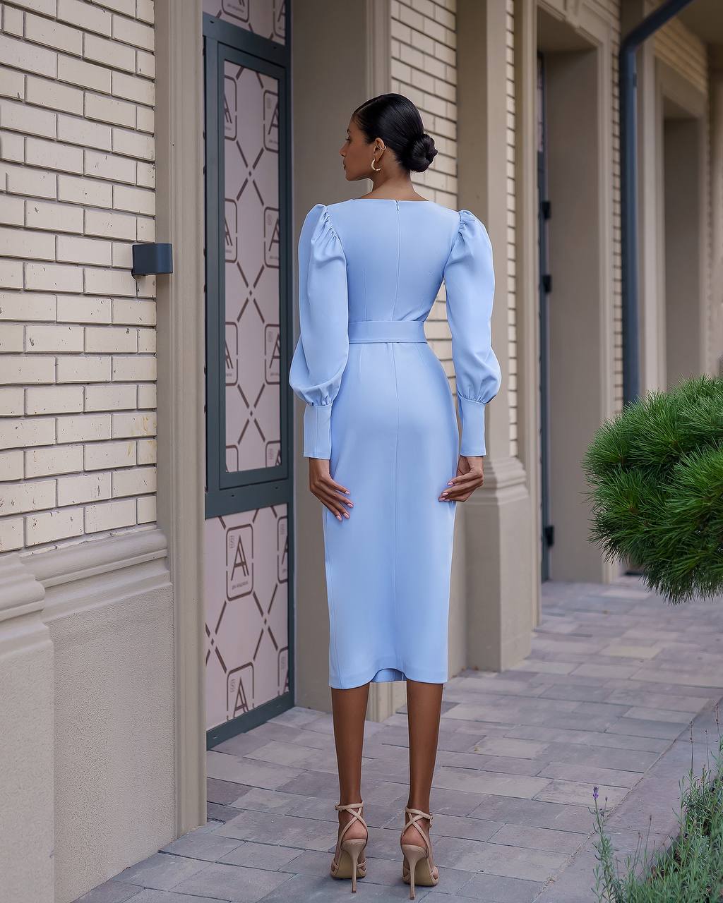 Elegant Midi Dress with Puff Long Sleeves and Belt in Premium Suit Crepe