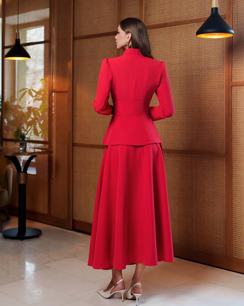Womens Premium Suit Crepe Diagonal Jacket and Skirt Set in Red Milk and Black