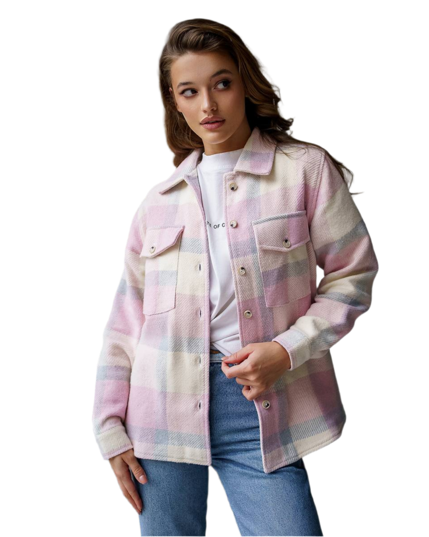 Womens Turkish Cashmere Wool Plaid Shirt Jacket Lilac Mustard Powder Blue