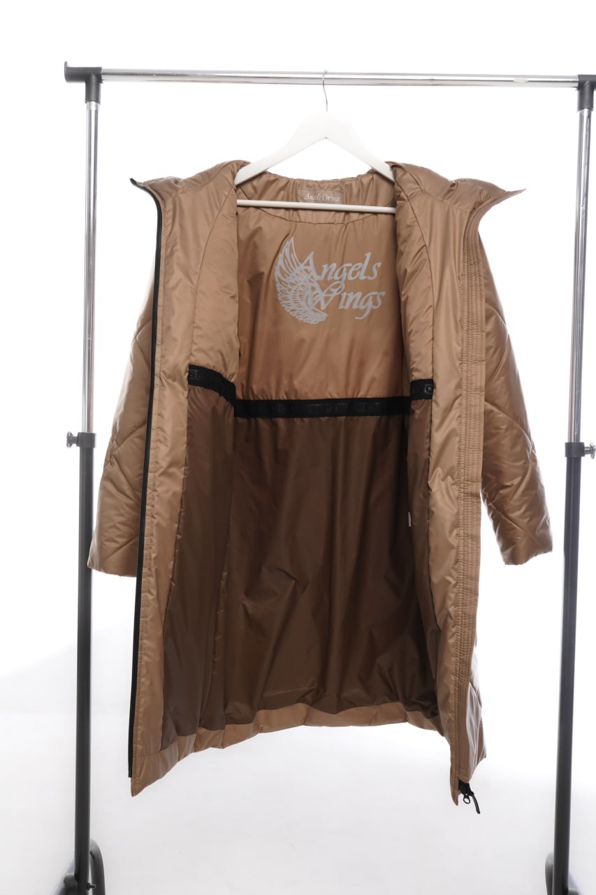 Brown coat with a visible brand logo on a white background