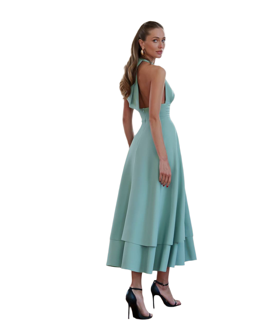 Elegant Halter Neck Midi Dress in Premium Diagonal Suiting Crepe