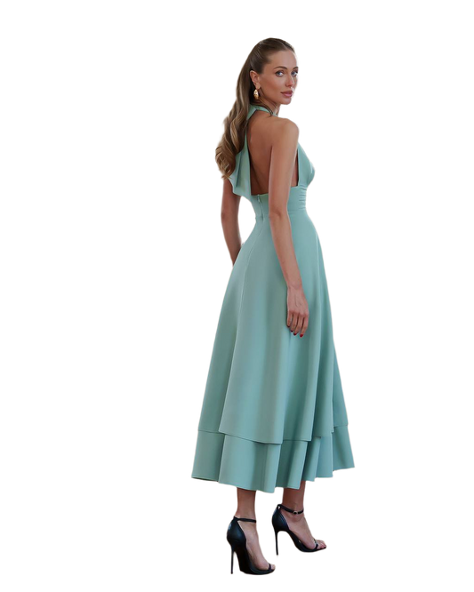 Woman wearing a light blue dress on a white background