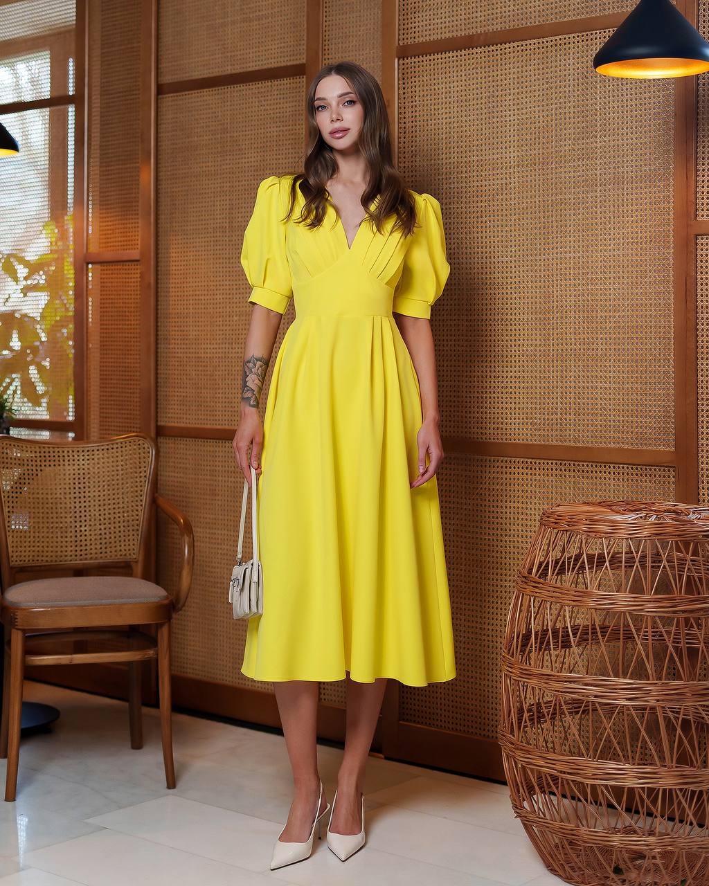 Elegant Yellow Midi Dress Women Premium Crepe Fabric