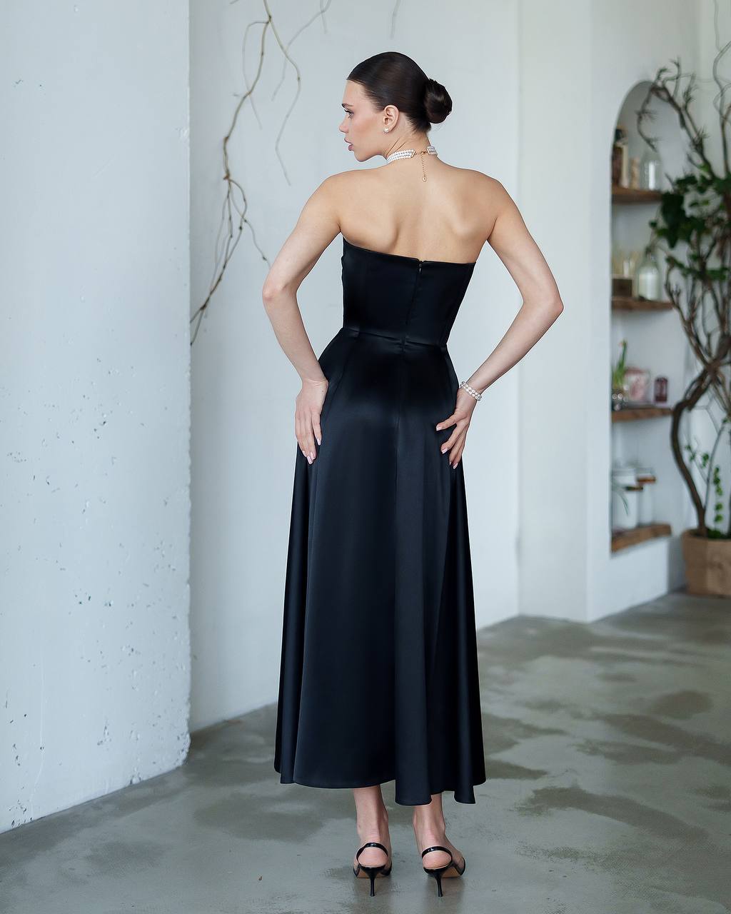 Women's Premium Dense Satin Strapless Midi Dress