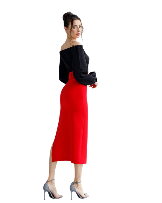 Woman wearing a black top and red skirt on a white background