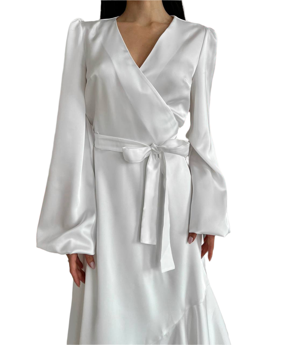 White satin robe with a belt on a white background