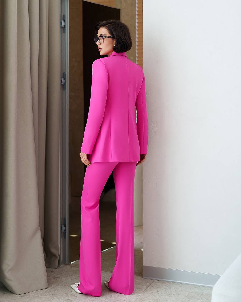 Womens Three Piece Suit with Vest in Vibrant Pink Diagonal Crepe