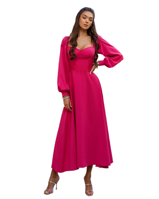 Elegant Pink Dress with Cups and Long Puff Sleeves for Women