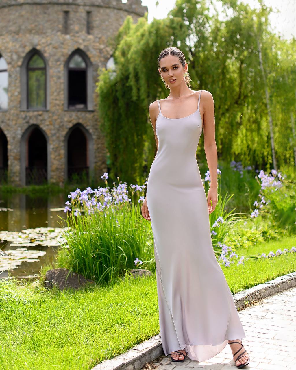 Elegant Silk Slip Dress for Women in Black Green and Silver