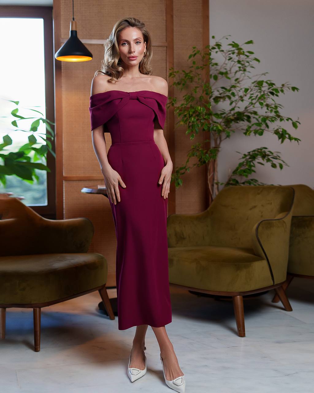 Elegant Burgundy Off Shoulder Midi Dress with Corset Detail