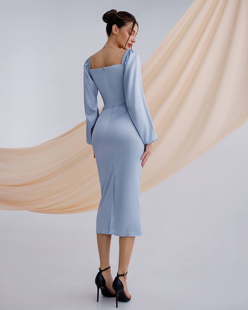 Elegant Midi Dress for Women in Grey-Blue Mango Satin