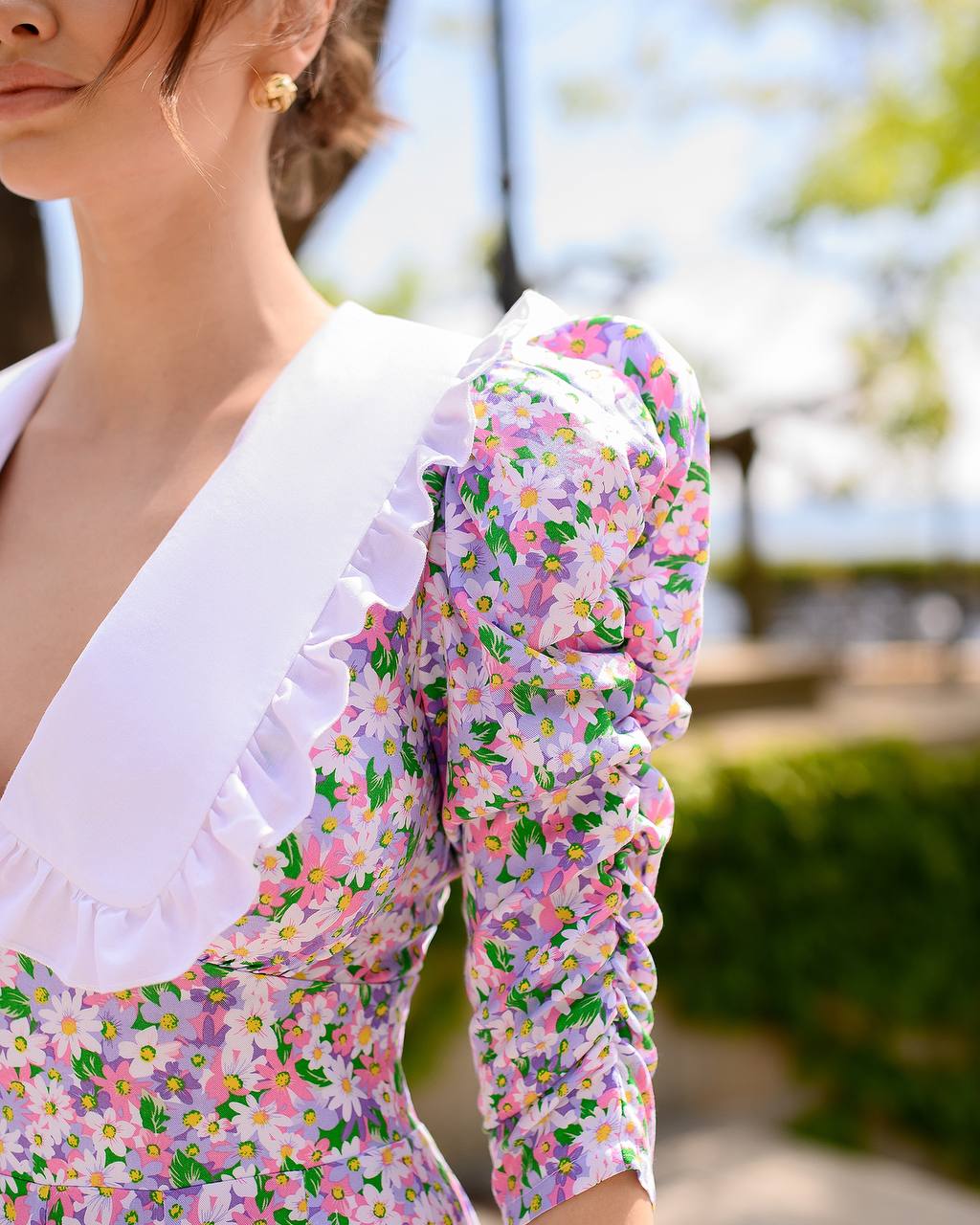 Women Floral Print Dress with White Cotton Collar