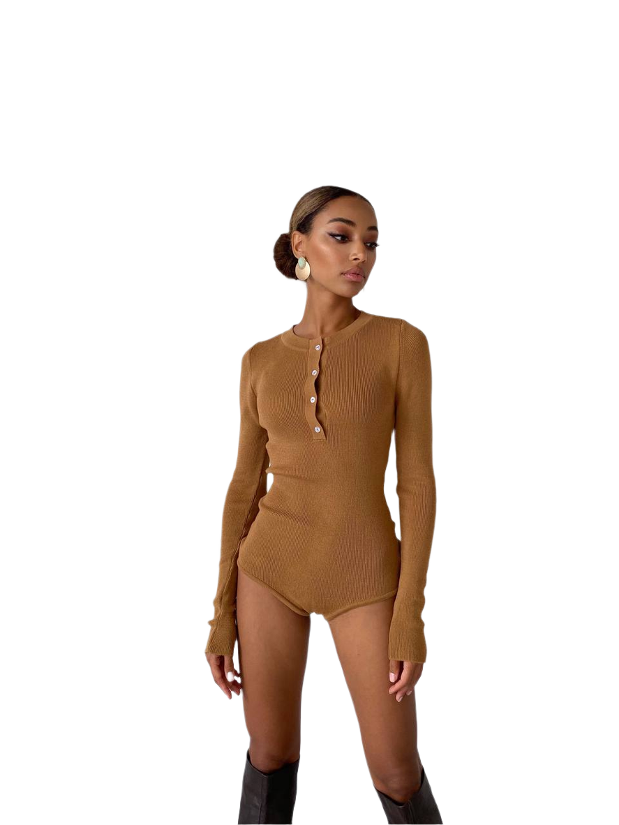Woman wearing a brown long-sleeve bodysuit on a white background