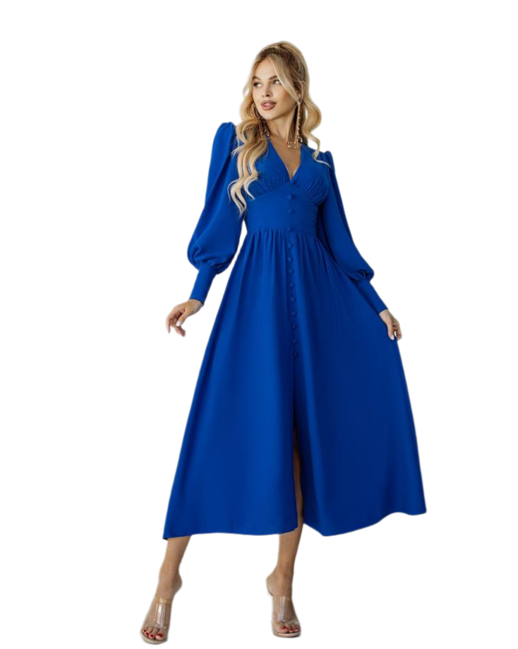 Elegant Crepe Silk Long Sleeve Blue Dress for Women