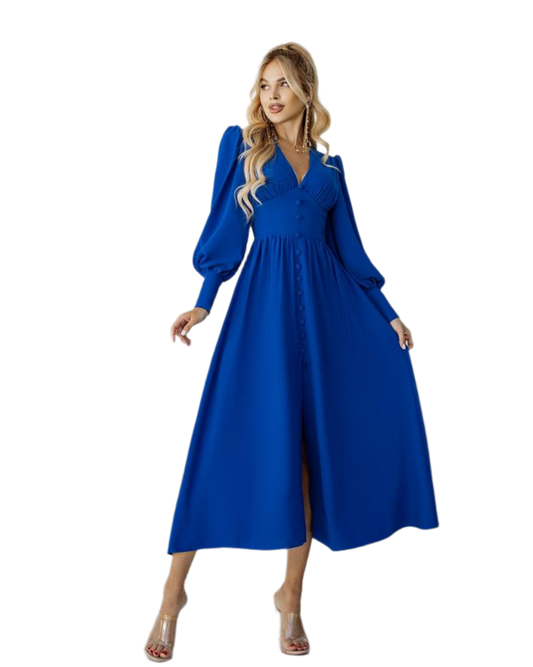 Elegant Crepe Silk Long Sleeve Blue Dress for Women
