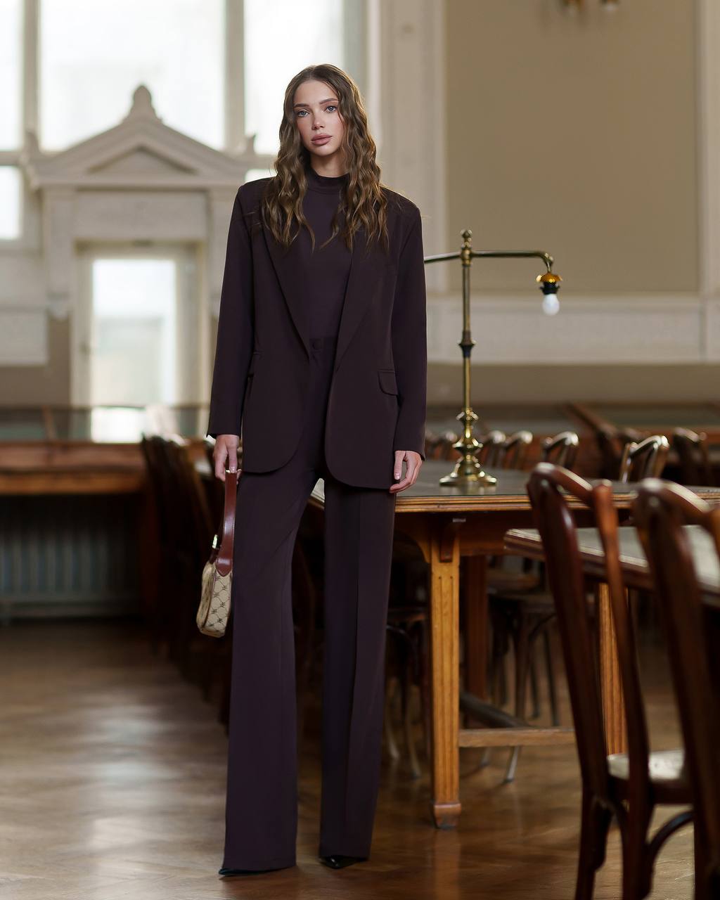 Womens Double Suit Premium Diagonal Crepe Black Chocolate