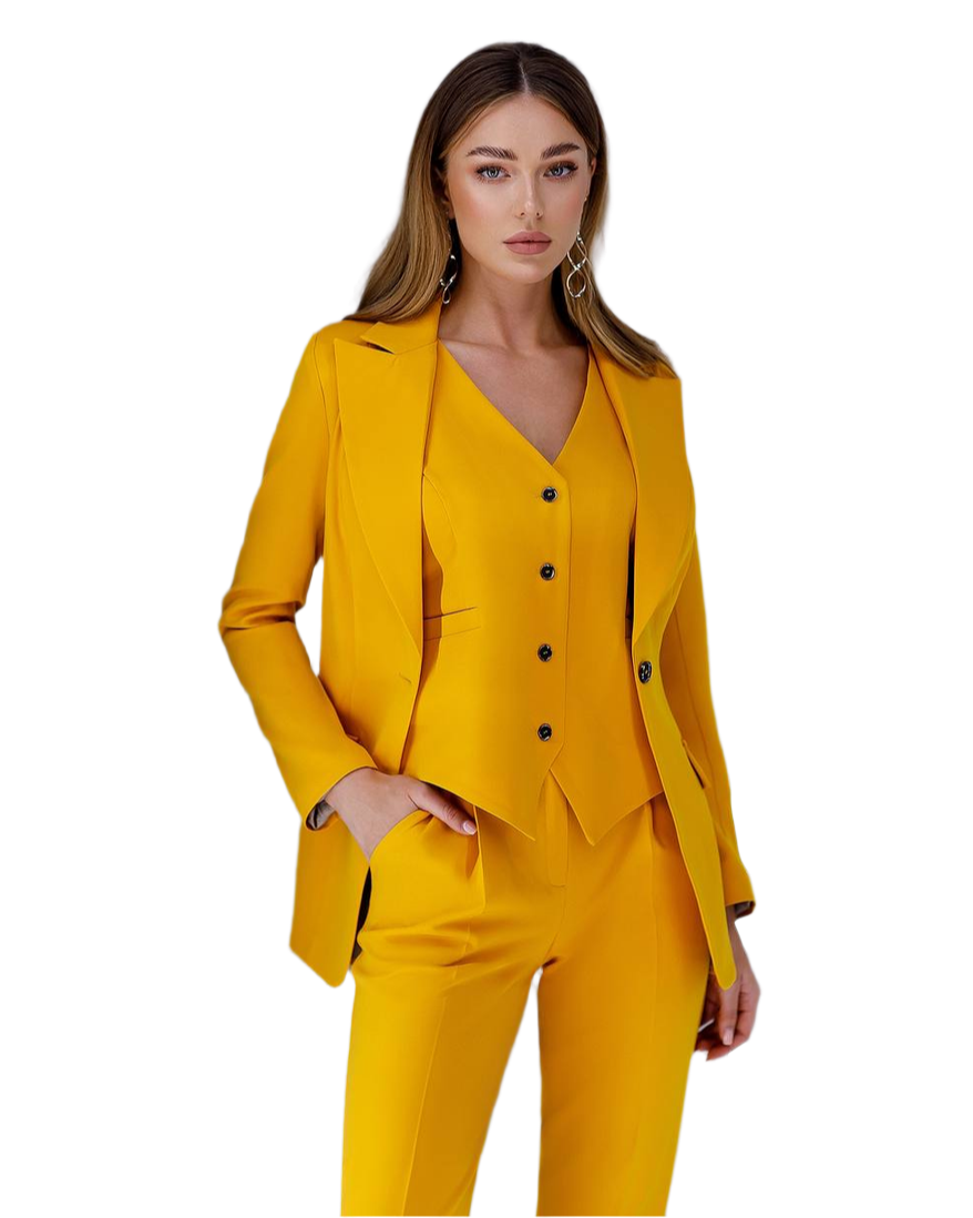 Yellow Elegant Three-Piece Women's Suit - Tailored Blazer Lined Vest and Slim Fit Pants for Business Office Formal and Special Occasions