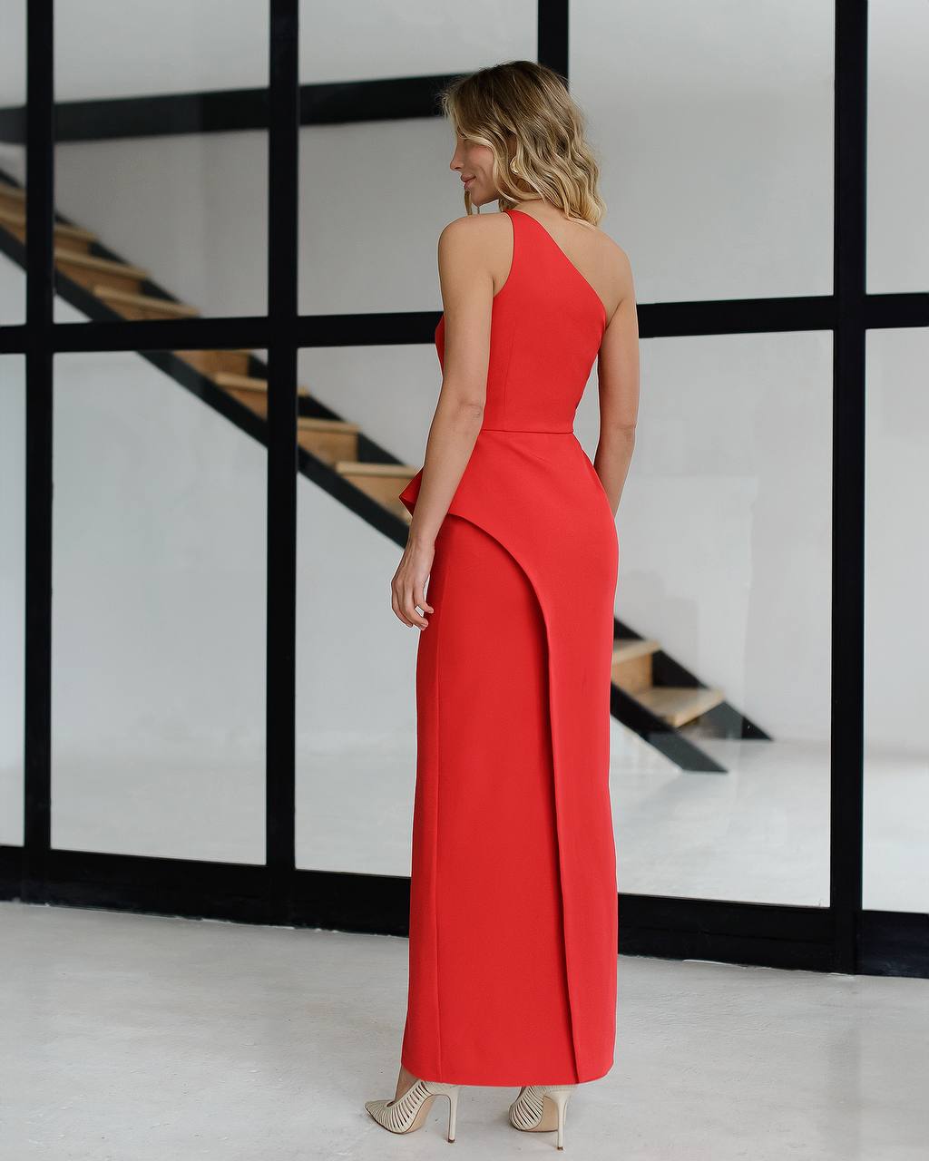 One Shoulder Red Midi Dress with Side Slit