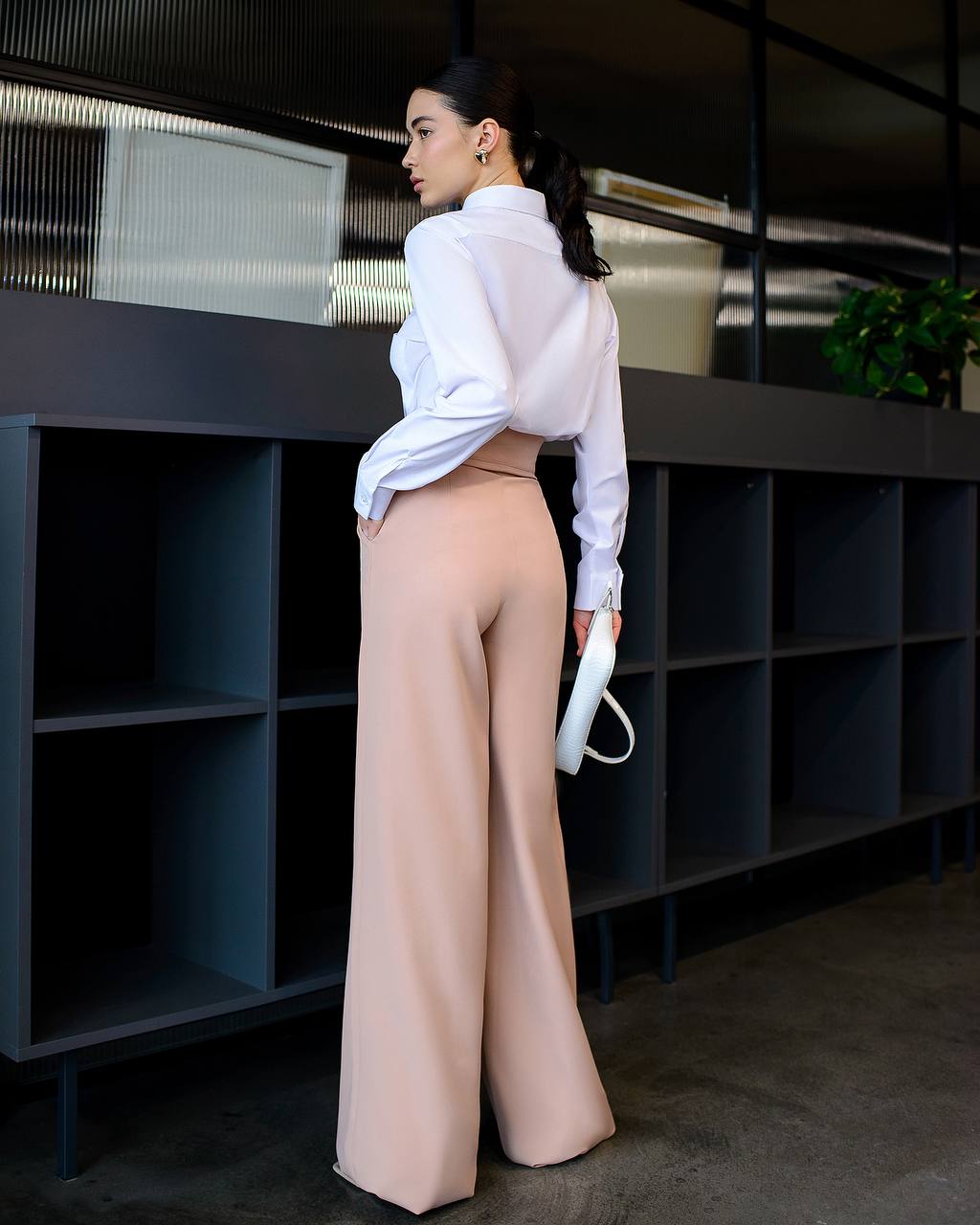 Wide Leg Trousers for Women in Suiting Diagonal Crepe Fabric