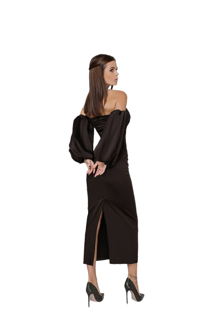 Woman wearing a black off-shoulder dress with a slit on a white background