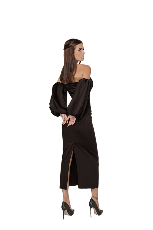 Woman wearing a black off-shoulder dress with a slit on a white background