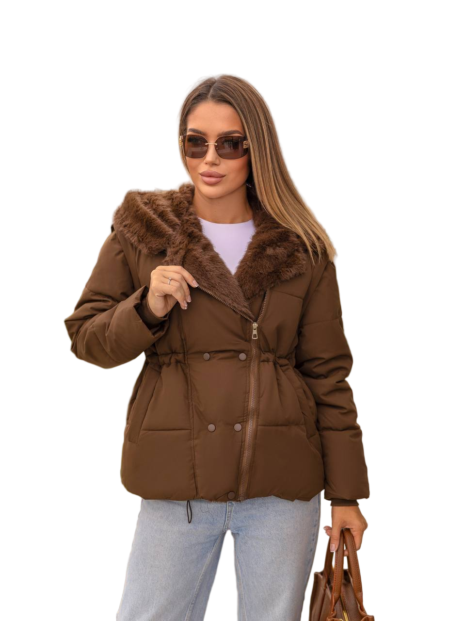 Brown Transformer Jacket with Faux Fur Hood Detachable Sleeves Water Resistant