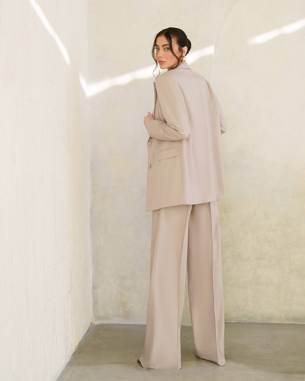 Womens Polished Tiar Lux Fabric Suit Beige Jacket and Pants