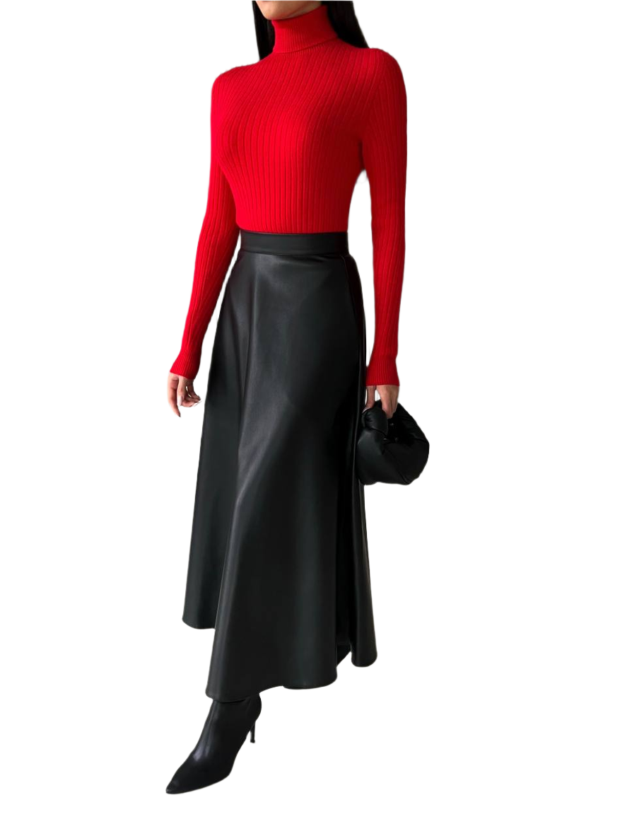 Person wearing a red turtleneck and black leather skirt on a white background
