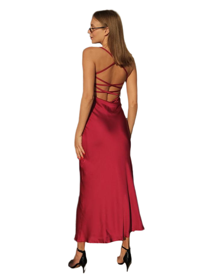 Ninel Midi Combination Silk Women's Dress Red Satin Backless