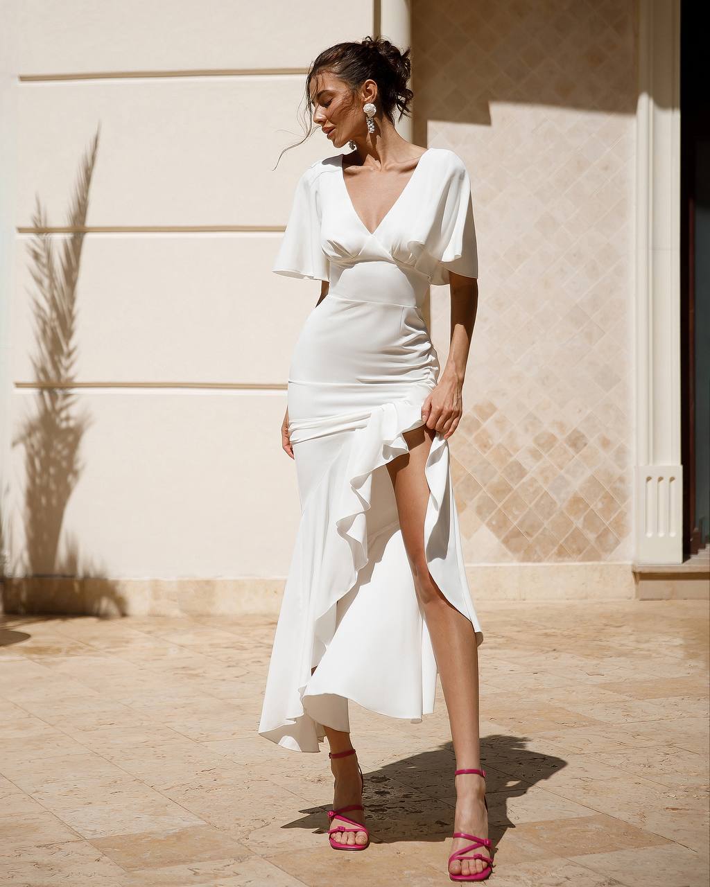 Elegant White Crepe Silk Maxi Dress with Ruffle Details